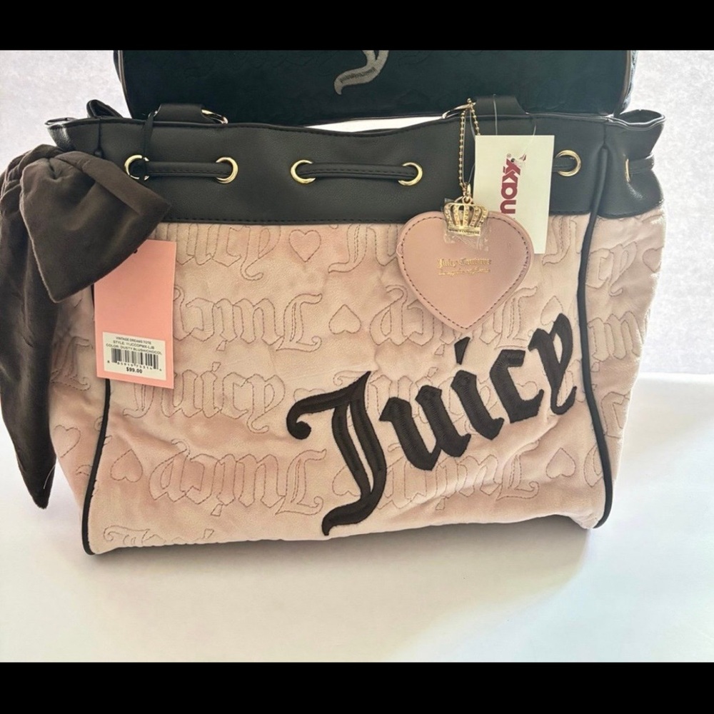 Juicy Couture Pink and Brown Quilted Logo Tote with Heart Charm
